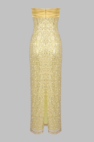 Gold  Pearl Strapless Sequin Long Dress