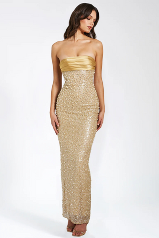 Gold  Pearl Strapless Sequin Long Dress