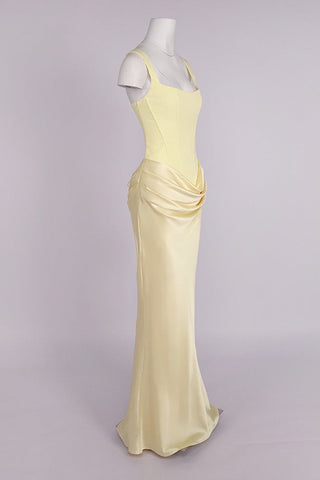 Romantic Sleeveless Corset Long Dress with Draped Waist & Lace-Up Back