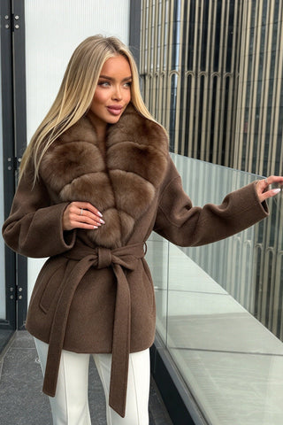 Plush Faux Fur Collar Belted Long-Sleeve Jacket