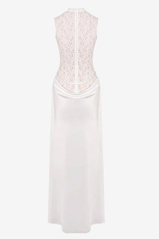 Sleeveless High Neck Lace & Draped Satin Rosette Long Dress