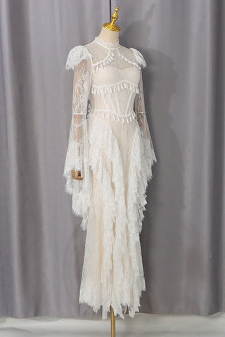 Lace Corset Long Dress with Ruffle Layers & Flared Sleeves