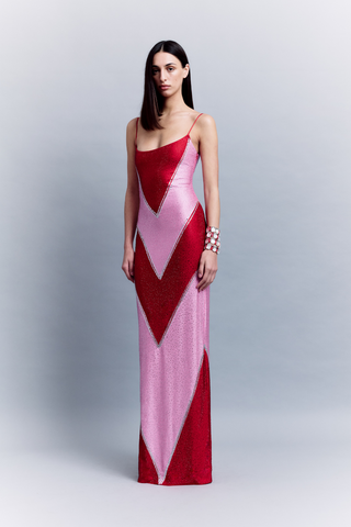 Rhinestone Embellished Colorblock Long Dress with Thin Straps