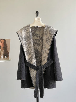 Wool-Feel Belted Long Sleeve Short Coat with Printed Shawl Collar