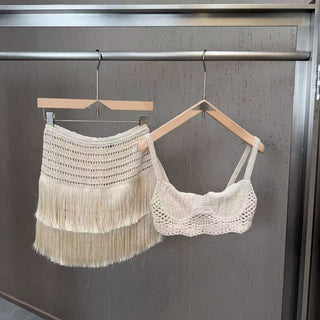 Crochet Bustier Top & Fringe Mini Skirt Set