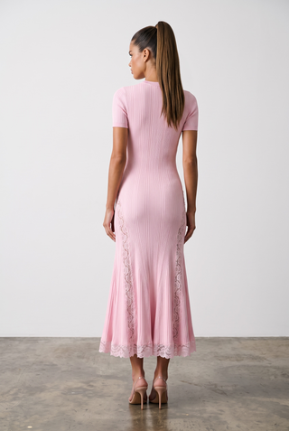 Ribbed Knit Round Neck Short Sleeve Long Dress with Lace Panels & Ruffle Hem