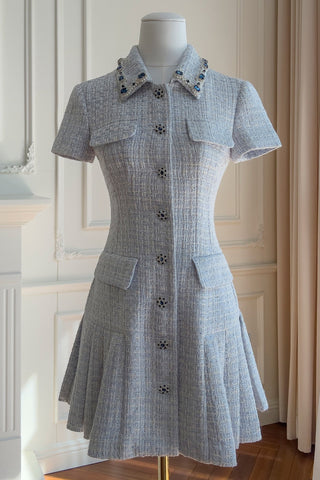 Structured Tweed Mini Dress – Short Sleeve, Pleated Skirt & Jewel Button Detail