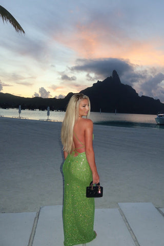Sparkly Halter Long Dress with Open Back, Bodycon Fit & Rhinestone Details