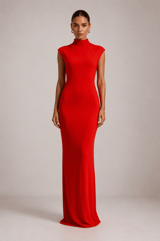 Open Back High Neck Long Evening Dress with Draped Detail