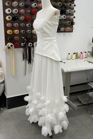 Strapless Lace-Up Corset Long Dress with Pleated Skirt and 3D Floral Trim