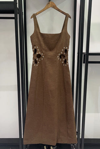 Statement Cut-Out Linen Blend Long Dress with Metal Eyelet Details