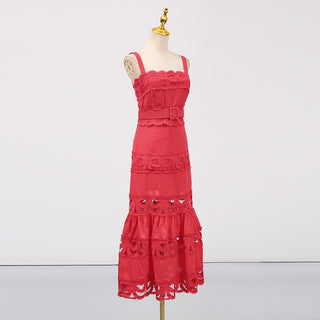 Statement Lace Cutwork Belted Tiered Long Dress