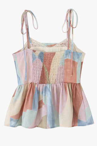 Abstract Print Tie-Strap Sleeveless Peplum Top & Wide Leg Pants Set
