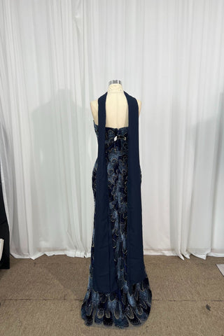 Shimmer Petal Sleeveless Long Dress with Draped Scarf