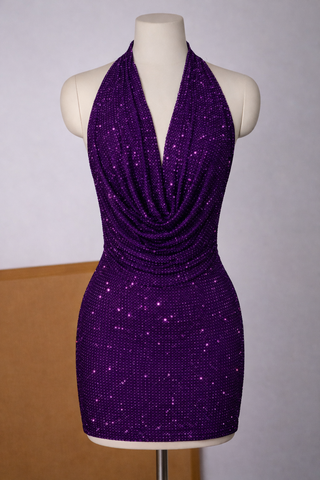 Rhinestone Halter Neck Draped Mini Dress