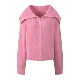 Oversized Collar Ribbed Knit Zip-Up Sweater