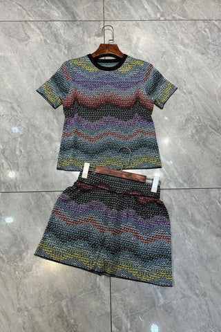 Metallic Chevron Knit Short Sleeve Top & High-Waisted Shorts Set