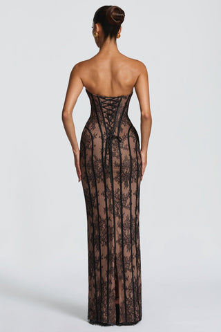 Sheer Lace Corset Strapless Long Dress with Lace-Up Back