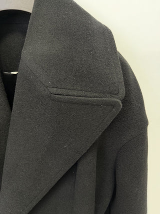 Wool-Blend Belted Short Coat with Oversized Lapel Collar