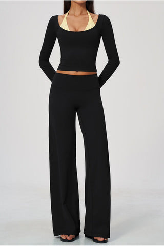 Scoop Neck Long Sleeve Top & Wide-Leg Pants Set