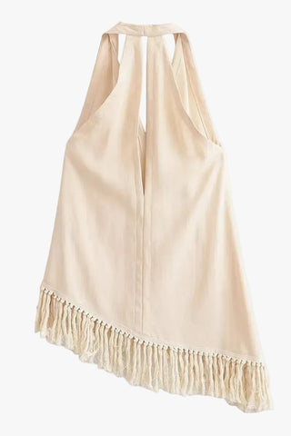 Asymmetric Fringe Halter Top & Wide-Leg Pants Set