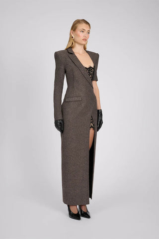 Asymmetric Lace Panel Blazer Long Dress