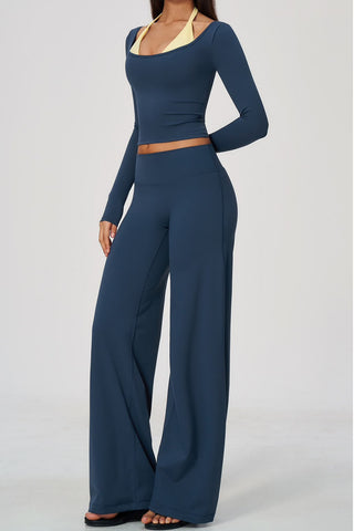 Scoop Neck Long Sleeve Top & Wide-Leg Pants Set