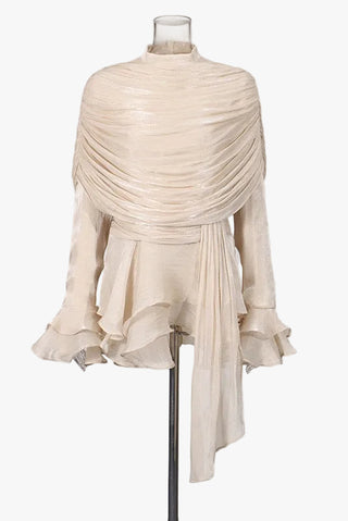 Draped Sheer Layered Dress with High Neck and Flared Cuffs