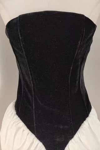 Premium Velvet Corset Strapless Long Dress with Sculpted Bodice and Pleated Draped Skirt