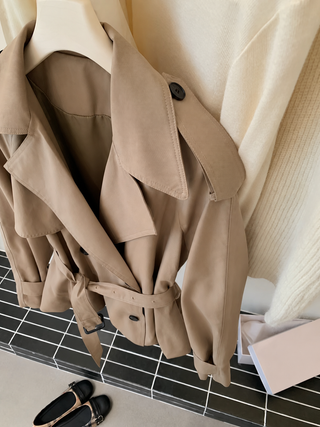 Double-Breasted Belted Short Trench Jacket with Balloon Hem