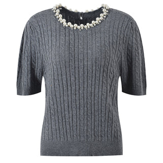 Pearl Embellished Cable Knit Short Sleeve Top.