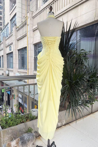 Strapless Ruched Long Dress with Lace-Up Back & High Slit