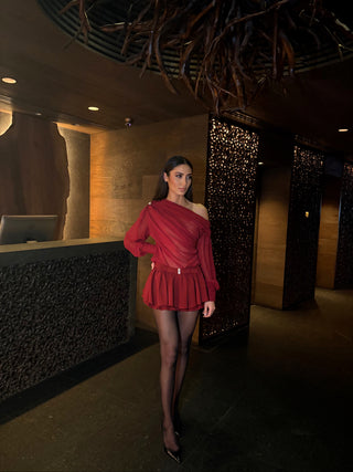 Elegant Long-Sleeve Oblique Shoulder Sheer Top and Skort Set