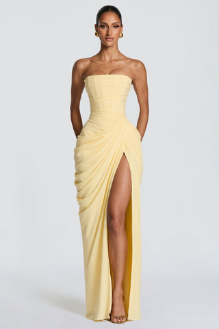 Strapless Ruched Long Dress with High Slit – Draped Waist & Smooth Fit