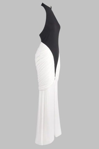 Halter Neck Two-Tone Long Dress with Draped Ruched Skirt and Open Back