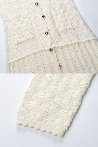 Textured Knit Button-Front Long Dress with V-Neck and Long Sleeves