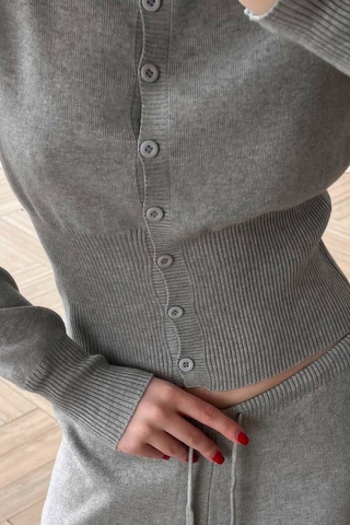 Ribbed Knit Two-Piece Lounge Set – Button Cardigan & Wide-Leg Pants