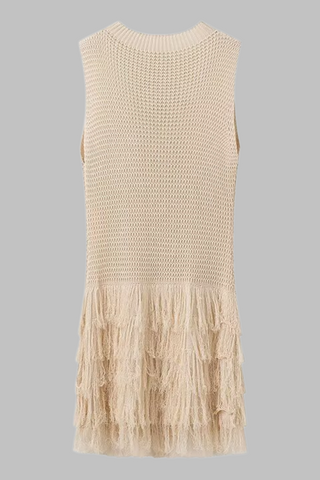 Solid Tassel Layered Knit Mini Dress – Sleeveless Round Neck Boho Chic