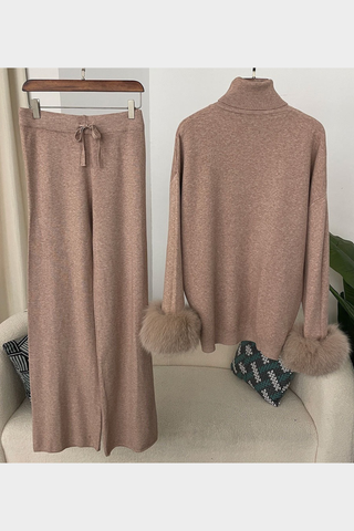 Faux Fur Trim Turtleneck Knit Set – Long Sleeve Top & Wide-Leg Pants