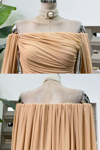 Romantic Draped Off-Shoulder Mini Dress with Sheer Sleeves & Sculpted Fit