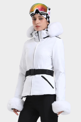Tailored Ski Jacket with Belted Waist, Fur Details, and Long-Sleeve Design