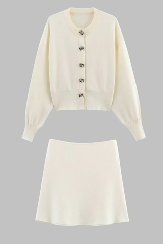 Ivory Knitted Cardigan and Mini Skirt Set with Statement Silver Buttons