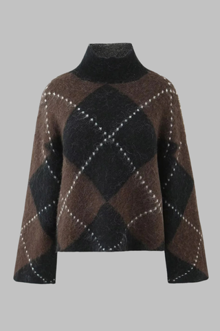 Fuzzy Argyle Knit Set – High-Neck Sweater and Mini Skirt