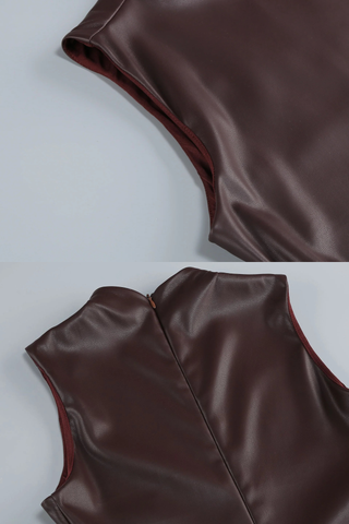 High Neck Faux Leather Mini Dress with Draped Asymmetric Skirt