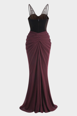 Sleeveless Velvet Corset Long Dress with Mesh Straps & Draped Chiffon Skirt