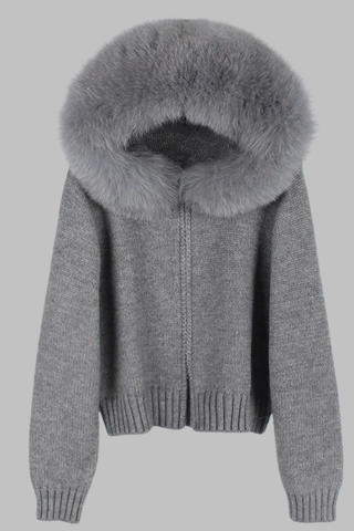 Faux Fur Trimmed Knitted Hooded Cardigan