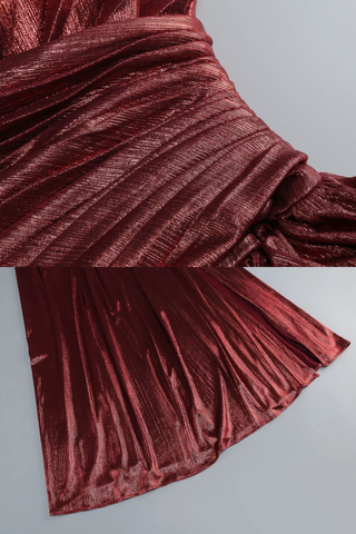 Strapless Metallic Pleated Long Dress with High Slit