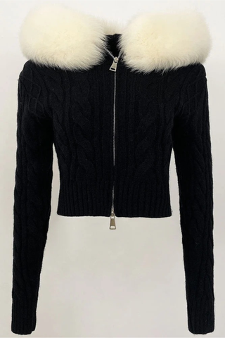Soft Cable Knit Jacket with Statement Fur Collar