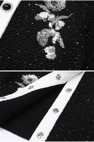 Knitted Sequin Floral Embellished Cardigan and High-Waist Pencil Skirt Set