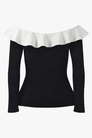 Ruffle Off-Shoulder Long-Sleeve Peplum Knit Top with Gold Button Detail